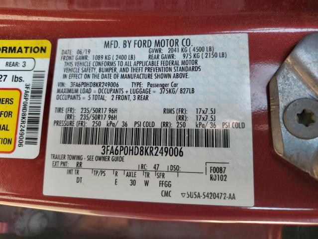 3FA6P0HD8KR249006 - 2019 FORD FUSION SE BURGUNDY photo 12