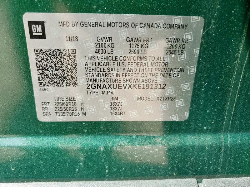 2GNAXUEVXK6191312 - 2019 CHEVROLET EQUINOX LT GREEN photo 13