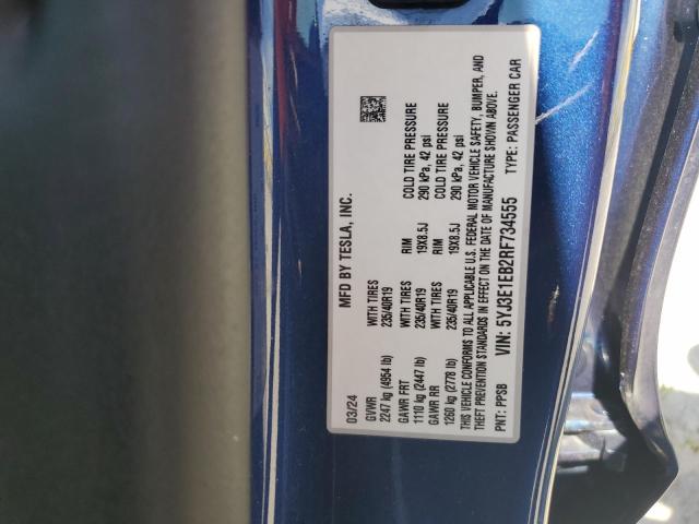 5YJ3E1EB2RF734555 - 2024 TESLA MODEL 3 BLUE photo 12
