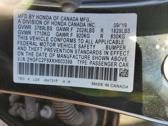 2HGFC2F8XKH603399 - 2019 HONDA CIVIC SPORT BLACK photo 12