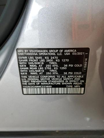 1V2AC2CA8MC223899 - 2021 VOLKSWAGEN ATLAS CROS S SILVER photo 12