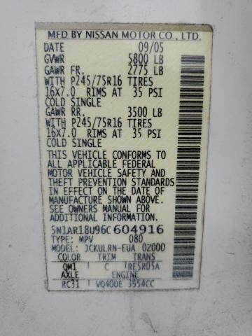 5N1AR18U96C604916 - 2006 NISSAN PATHFINDER LE თეთრი ფოტო 14