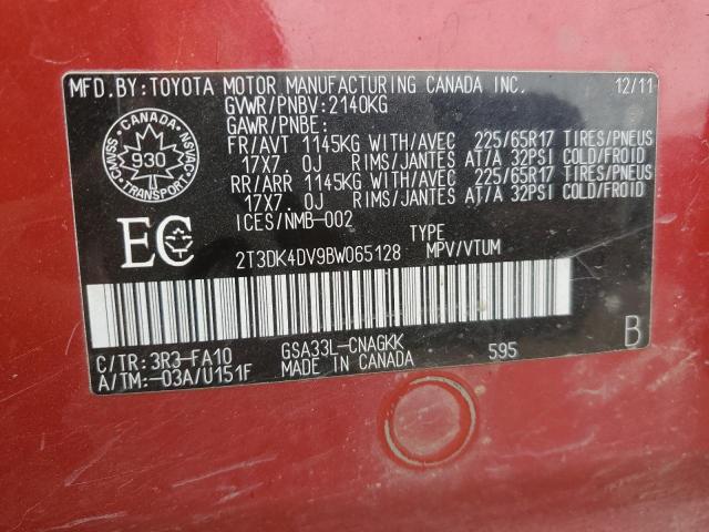 2T3DK4DV9BW065128 - 2011 TOYOTA RAV4 LIMITED წითელი ფოტო 13