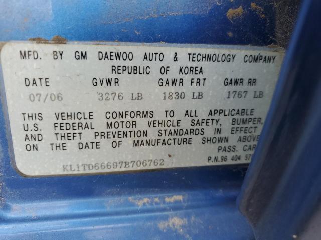 KL1TD66697B706762 - 2007 CHEVROLET AVEO BASE Azul foto 12