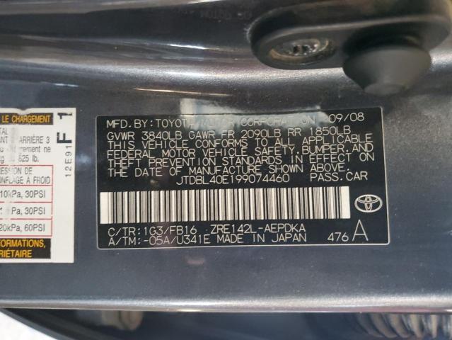 JTDBL40E199074460 - 2009 TOYOTA COROLLA BASE GRAY photo 12