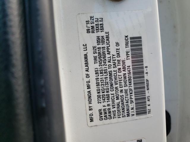 5FPYK3F74KB016474 - 2019 HONDA RIDGELINE RTL WHITE photo 13