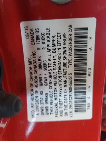 2HGFC2F76GH563515 - 2016 HONDA CIVIC EX წითელი ფოტო 13