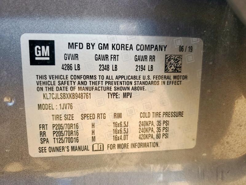 KL7CJLSBXKB948761 - 2019 CHEVROLET TRAX 1LT ნაცრისფერი ფოტო 14