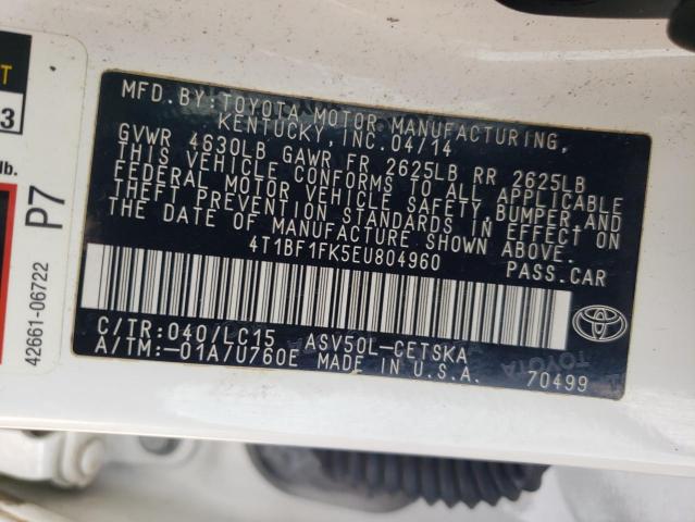 4T1BF1FK5EU804960 - 2014 TOYOTA CAMRY L WHITE photo 12