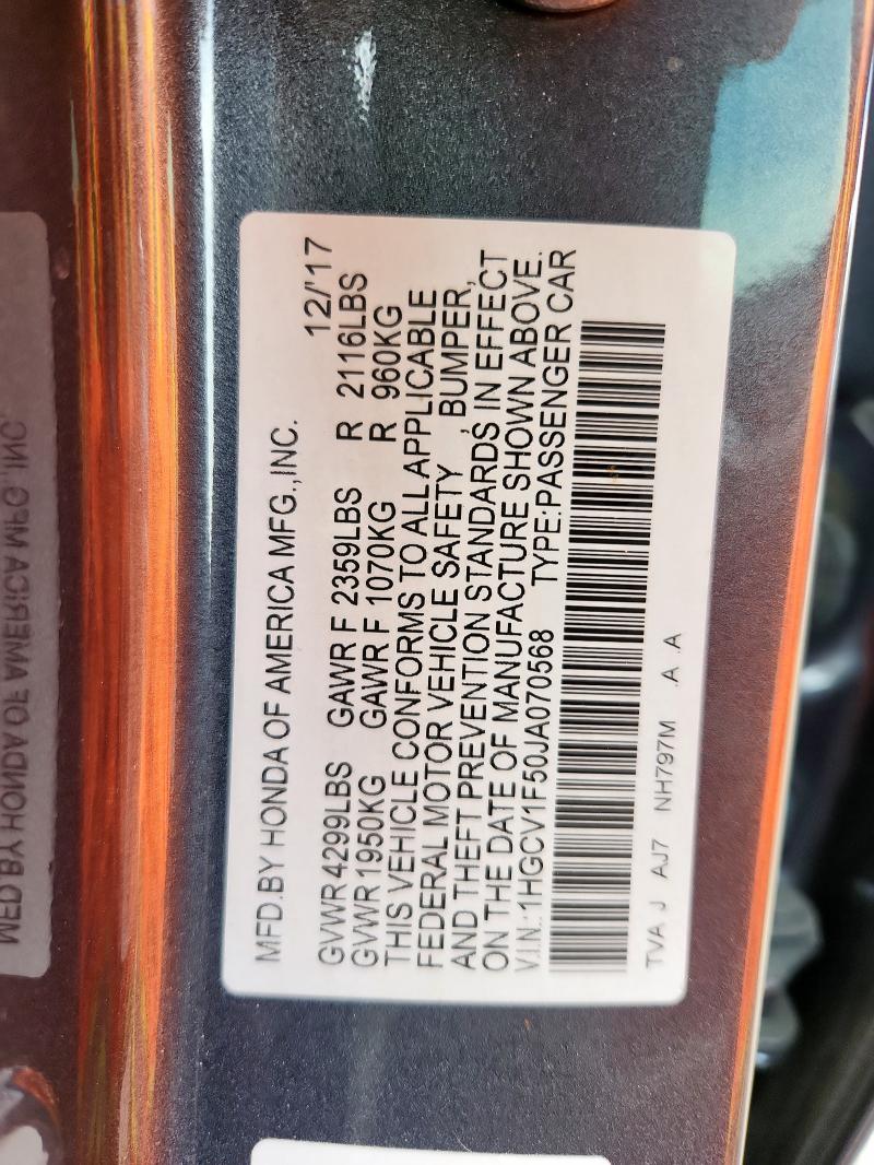 1HGCV1F50JA070568 - 2018 HONDA ACCORD EXL ნაცრისფერი ფოტო 13