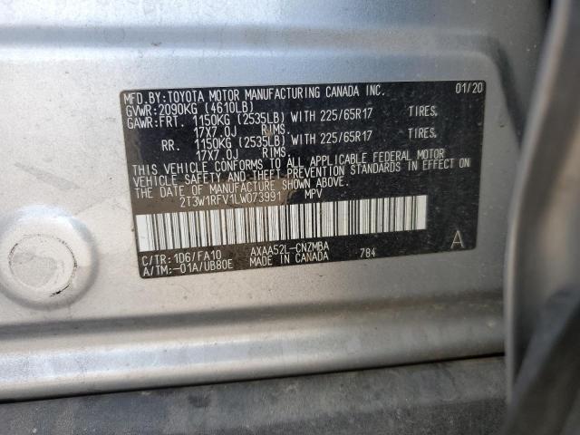 2T3W1RFV1LW073991 - 2020 TOYOTA RAV4 XLE SILVER photo 13
