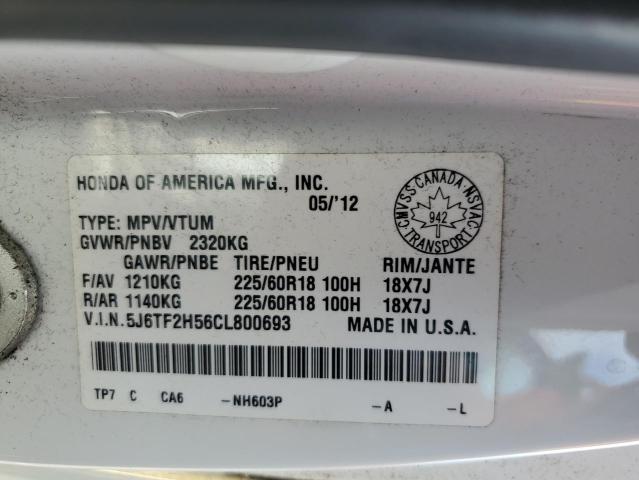 5J6TF2H56CL800693 - 2012 HONDA CROSSTOUR EXL თეთრი ფოტო 12