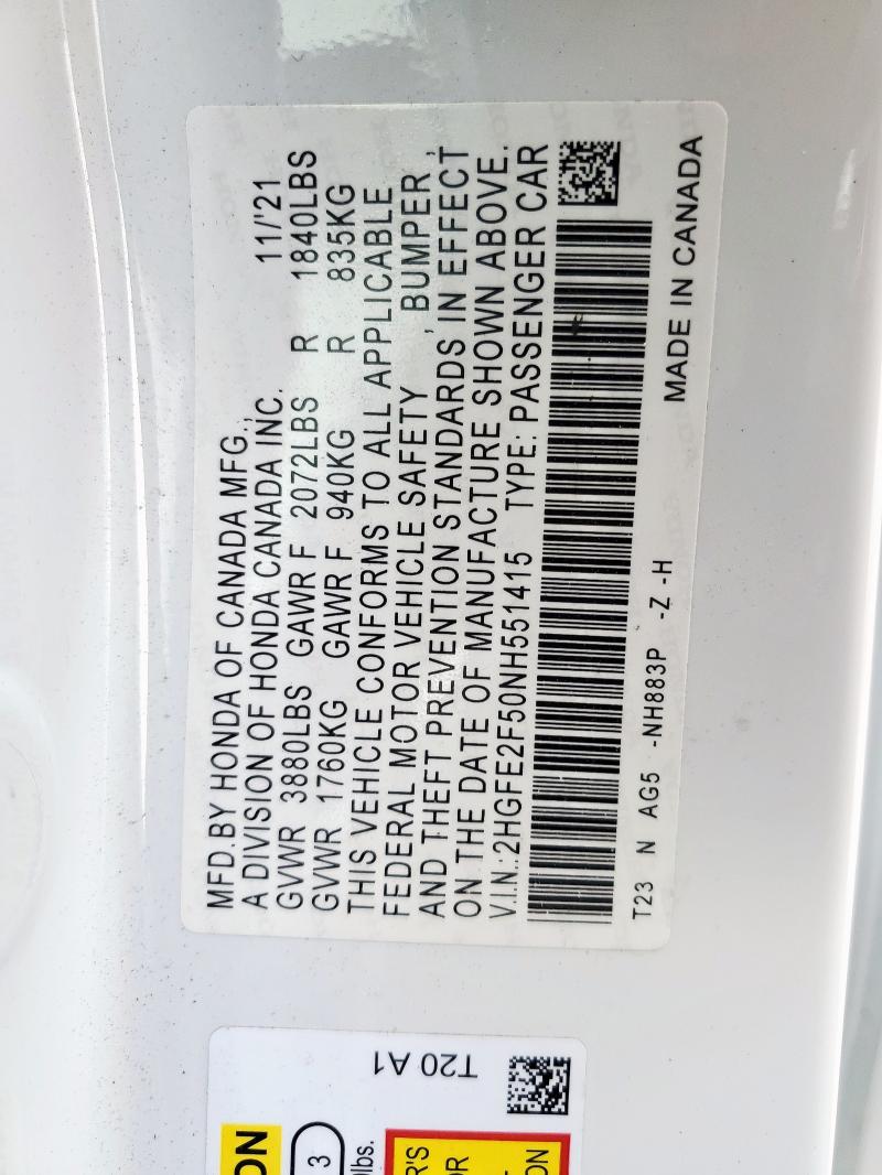 2HGFE2F50NH551415 - 2022 HONDA CIVIC SPORT 白色 照片 13