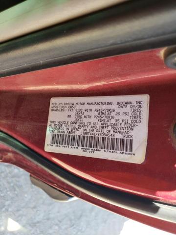 5TBBT441XYS084548 - 2000 TOYOTA TUNDRA ACCESS CAB 红色 照片 12