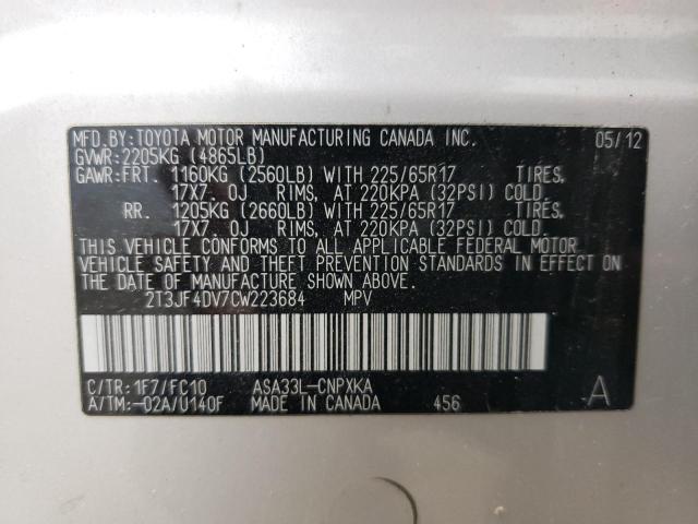 2T3JF4DV7CW223684 - 2012 TOYOTA RAV4 ვერცხლისფერი ფოტო 14