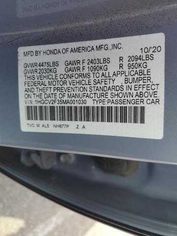 1HGCV2F35MA001030 - 2021 HONDA ACCORD SPORT Azul foto 12