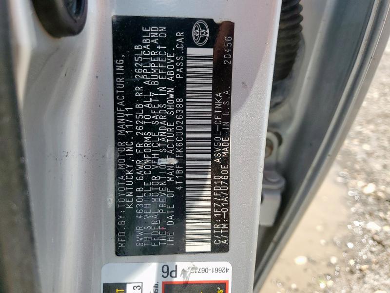 4T1BF1FK6CU026388 - 2012 TOYOTA CAMRY BASE SILVER photo 12