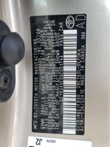2T1BU40E09C051744 - 2009 TOYOTA COROLLA BASE GOLD photo 12