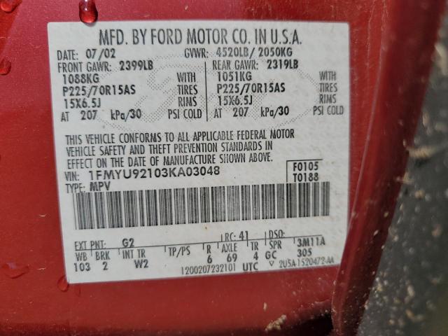 1FMYU92103KA03048 - 2003 FORD ESCAPE XLS RED photo 12