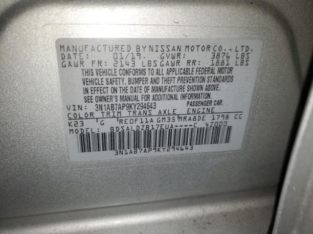 3N1AB7AP9KY294643 - 2019 NISSAN SENTRA S ვერცხლისფერი ფოტო 12