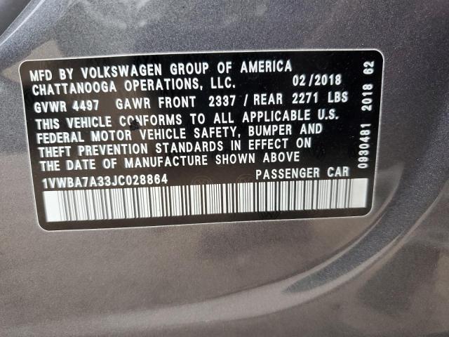 1VWBA7A33JC028864 - 2018 VOLKSWAGEN PASSAT SE رمادي صورة 13