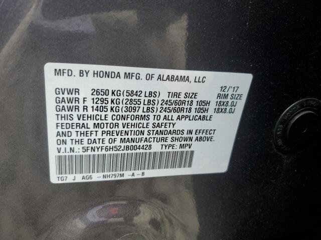 5FNYF6H52JB004428 - 2018 HONDA PILOT EXL ნაცრისფერი ფოტო 13