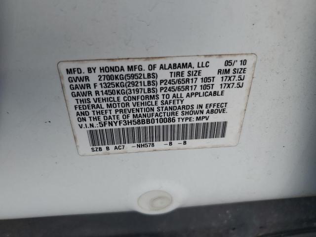 5FNYF3H58BB010086 - 2011 HONDA PILOT EXL WHITE photo 12