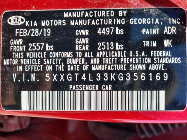 5XXGT4L33KG356169 - 2019 KIA OPTIMA LX RED photo 13