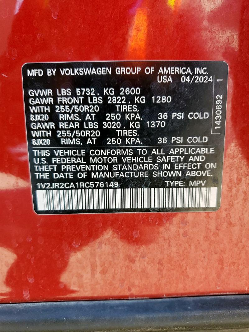 1V2JR2CA1RC576149 - 2024 VOLKSWAGEN ATLAS SE Czerwony zdjęcie 13