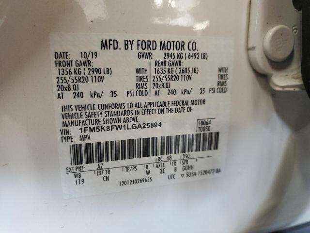 1FM5K8FW1LGA25894 - 2020 FORD EXPLORER LIMITED Ağ foto 14