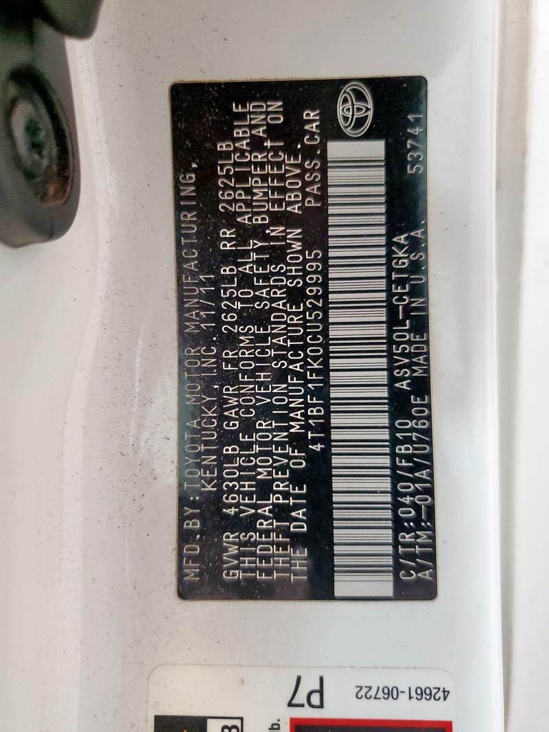 4T1BF1FK0CU529995 - 2012 TOYOTA CAMRY BASE 白色 照片 12