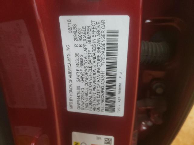 1HGCV2F93JA045611 - 2018 HONDA ACCORD TOURING RED photo 12