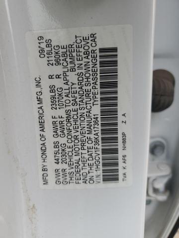 1HGCV1F36KA173641 - 2019 HONDA ACCORD SPORT 白色 照片 12