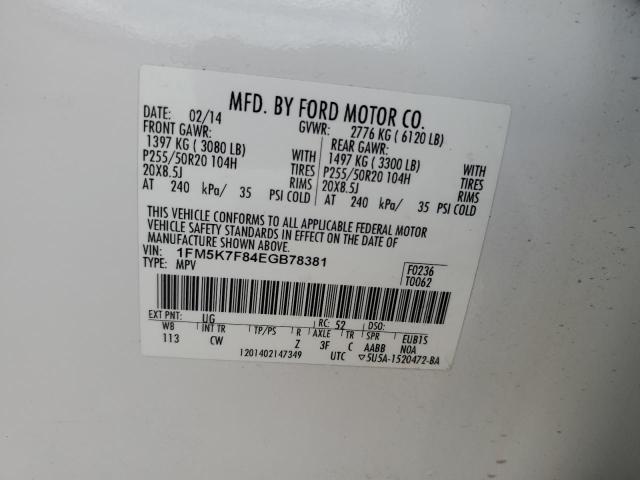 1FM5K7F84EGB78381 - 2014 FORD EXPLORER LIMITED WHITE photo 13