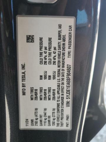 5YJ3E1EA6SF904607 - 2025 TESLA MODEL 3 CHARCOAL photo 12