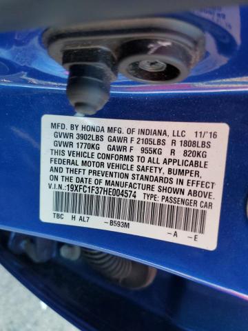 19XFC1F37HE004574 - 2017 HONDA CIVIC EX BLUE photo 12