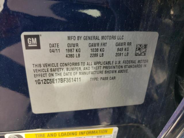 1G1ZC5E17BF361411 - 2011 CHEVROLET MALIBU 1LT 蓝色 照片 12