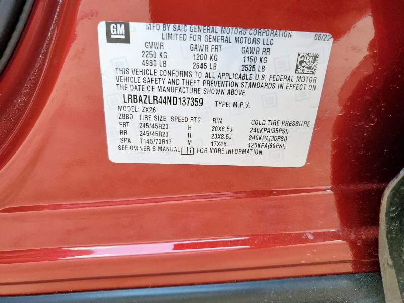 LRBAZLR44ND137359 - 2022 BUICK ENVISION PREFERRED Կարմիր լուսանկար 13