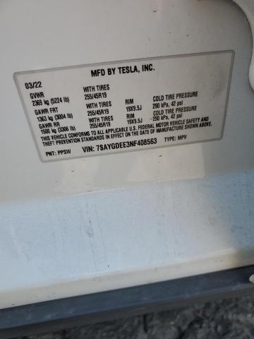 7SAYGDEE3NF408563 - 2022 TESLA MODEL Y WHITE photo 13