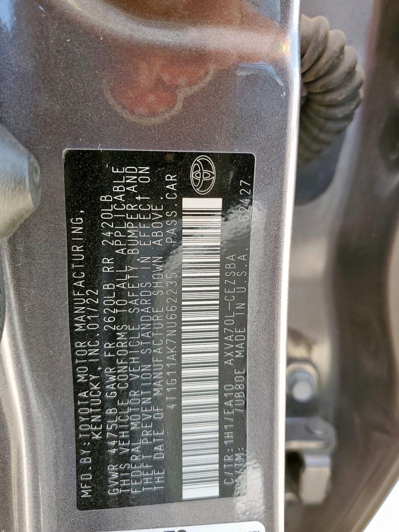 4T1G11AK7NU662235 - 2022 TOYOTA CAMRY SE GRAY photo 12