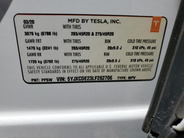 5YJXCDE23LF262706 - 2020 TESLA MODEL X თეთრი ფოტო 14