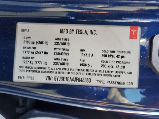 5YJ3E1EA4JF048383 - 2018 TESLA MODEL 3 蓝色 照片 12