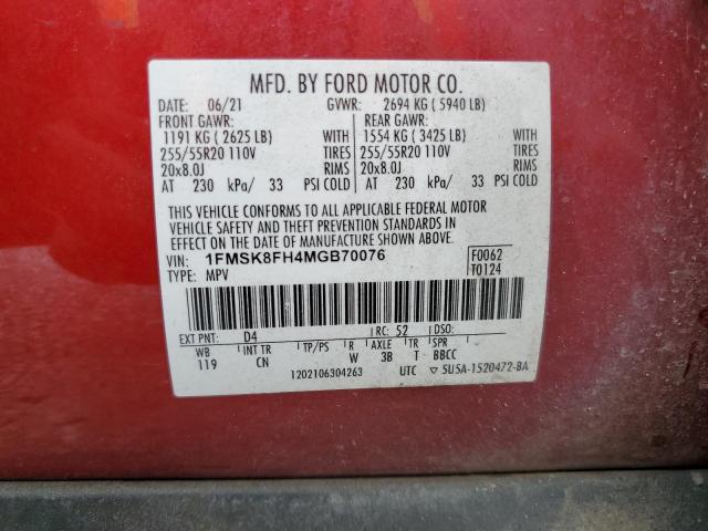 1FMSK8FH4MGB70076 - 2021 FORD EXPLORER LIMITED RED photo 13