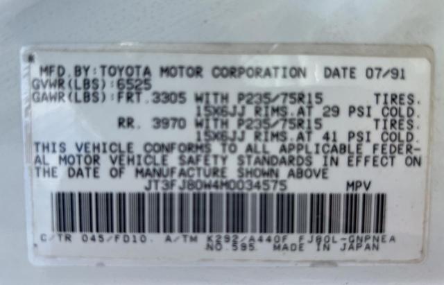 JT3FJ80W4M0034575 - 1991 TOYOTA LAND CRUIS FJ80 WHITE photo 10