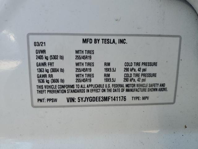 5YJYGDEE3MF141176 - 2021 TESLA MODEL Y Սպիտակ լուսանկար 12