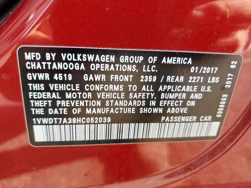 1VWDT7A38HC052039 - 2017 VOLKSWAGEN PASSAT R-LINE მუქწითელი ფოტო 12