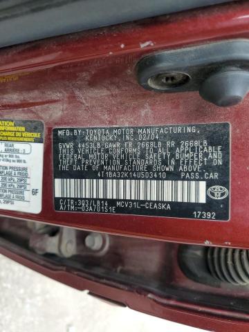4T1BA32K14U503410 - 2004 TOYOTA CAMRY SE მუქწითელი ფოტო 12