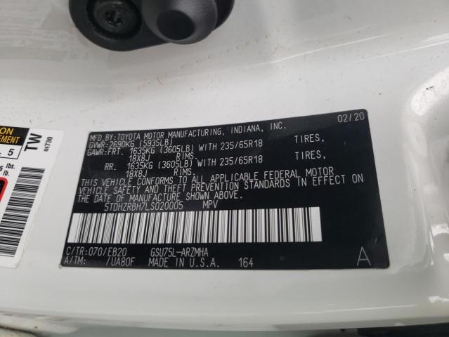 5TDHZRBH7LS020005 - 2020 TOYOTA HIGHLANDER XLE WHITE photo 13