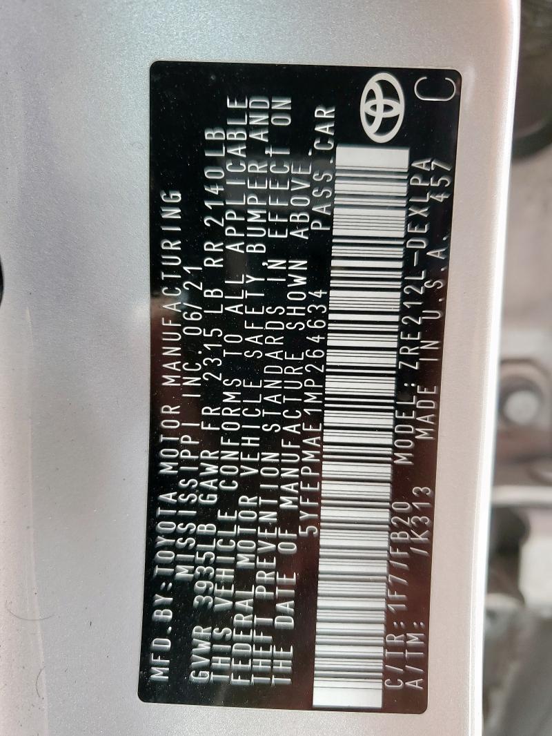 5YFEPMAE1MP264634 - 2021 TOYOTA COROLLA LE Gümüş foto 12