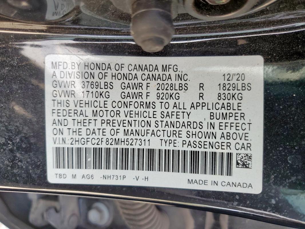 2HGFC2F82MH527311 - 2021 HONDA CIVIC SPORT შავი ფოტო 12